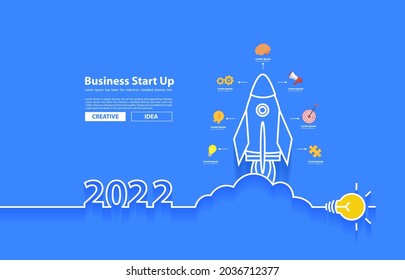 Startup business 2022 new year rocket launch with creative light bulb ideas concept design, Vector illustration flat modern layout template