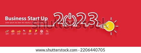 Startup business 2023 new year with creative light bulb ideas concept design, Vector illustration flat modern layout template