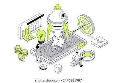 Startup business 3d isometric concept in outline isometry design for web. People creating new project, planning work, attracting investment, realising entrepreneur ambitions. Vector illustration.