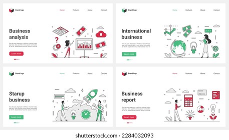 Startup business analysis, ecommerce, data analytics and report charts thin line set vector illustration. Cartoon tiny people work in international enterprise, launch project rocket with partners