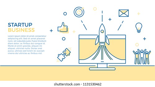 Startup business banner. Vector illustration for business related subjects. Rocket launch on computer with different business icons like team cheering, lightbulb idea, emails, aim, thumbs up, puzzle