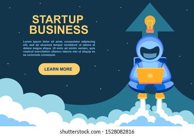 Startup business. Banner for a website with an astronaut working diligently on a laptop. Cosmonaut takes off on a jetpack. A space man comes off the earth in smoke. Vector flat illustration.