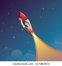 Startup Business. Businessman on a rocket. Flat design business concept illustration.