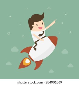 Startup Business. Businessman on a rocket. Flat design business concept illustration.