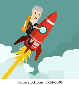 Startup Business. Businessman on a rocket. Vector. Flat design business concept illustration.