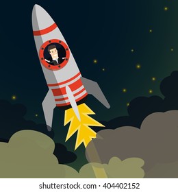 Startup Business. Businessman on a rocket. Flat design business concept illustration.