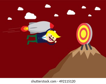 Startup Business. Businessman on a rocket. Flat design business concept illustration. lightbulb idea flying. vector. goal