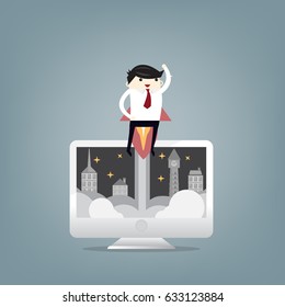 Startup Business. Businessman and a rocket. Flat design business concept illustration.