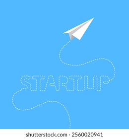 Startup business, company or project concept with white paper airplane flying high in the sky leaving a dotted line trail, travel path and flight path forming word and letters