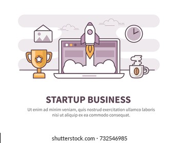 Startup business concept banner.  Can use for web banner, infographics, hero images. Modern flat line vector illustration.