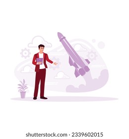 Startup business concept, Businessman holding tablet and transparent rocket launch icon. Business project startup process, ideas through planning and strategy, time management. 