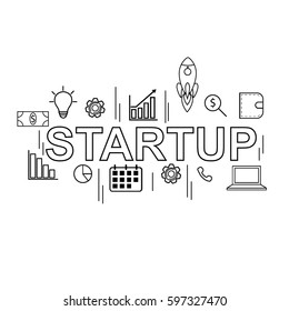 Startup business concept. Creative vector illustration with a lot of business icons.

