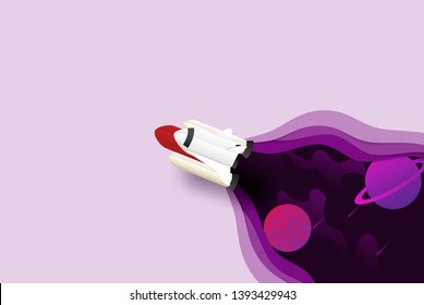 Startup business concept . Design with spacecraft , rocket flying in the space , cosmic and copy space for text, infographic. Symbol of new business, creative, invention. paper art style.  vector.