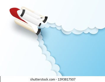 Startup business concept . Design with  spacecraft , rocket flying in the blue sky .copy space for text, infographic. Symbol of new business,  innovation, future, creative. paper art style. vector.