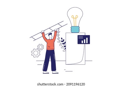 Startup business concept in flat line design for web banner. Man generates new ideas for projects, creates and develops business, modern people scene. Vector illustration in outline graphic style