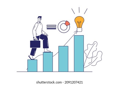 Concepto de negocio de inicio en diseño de línea plana para banner web. Empresario analizando la estrategia, hace innovación, invierte en nuevos proyectos, en la escena de la gente moderna. Ilustración del vector en el estilo gráfico de contorno