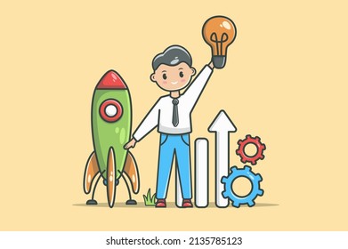 Startup business concept in flat line design. Launch new project color outline scene. Businessman holding lightbulb while standing near rocket, graphs and gears. Vector illustration with web icon