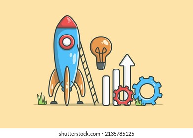 Startup business concept in flat line design. Launch new project color outline scene. Objects composition with space rocket, lightbulb, data graphs and gears. Vector illustration with web icon