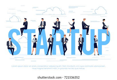 Startup. Business concept in a flat style with businessmen using tablet pc and smartphones. Vector illustration.