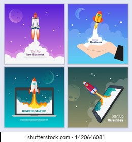Startup Business concept with flying rocket. Business banner template set. Development and advanced project. Vector illustration.