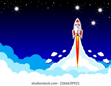 Encabezado de concepto de negocio de inicio. El cohetes despegan hacia las estrellas a través de las nubes. Temporalización de la página de aterrizaje del vector