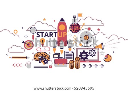 Startup business concept horizontal banner in flat line stile. Creative vector illustration with a lot of business icons. Can be used for web, graphic design and brochure.