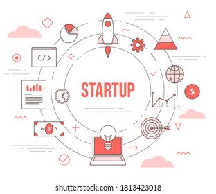 Startup-Business-Konzept mit Symbolset-Template-Banner mit modernem orangefarbenem Stil