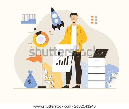 Startup business concept. Man brainstorming, makes business plan, investing in new project. Flat vector illustration.	

