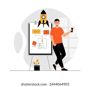 Startup business concept. Man creating business plan, develops idea, creates new successful project and launches rocket. Illustration with people scene in flat design for website and mobile develop