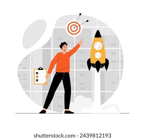 Startup business concept. Man launches rocket. Сreating development strategy and starts company. Illustration with people scene in flat design for website and mobile development.	
