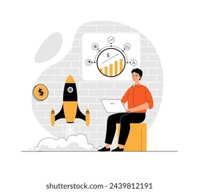 Startup business concept. Man working at laptop, launch startup, develops new company, analysis data and income profit. Illustration with people scene in flat design for website and mobile development