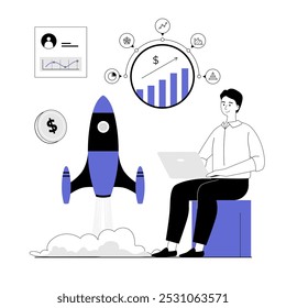 Startup business concept. Man working at laptop, launch startup, develops new company, analysis data and income profit. Vector illustration with line people for web design.	
