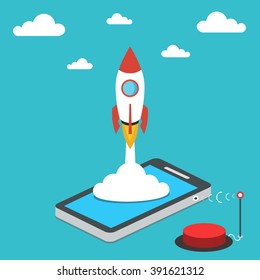 Startup business concept for mobile app development or other disruptive digital business ideas. Rocket launching from smart phone.