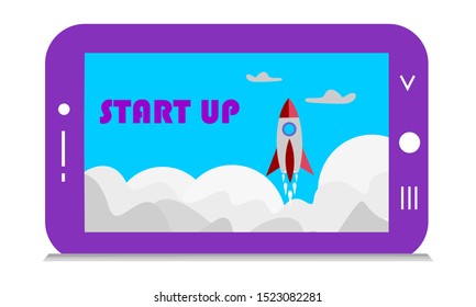 startup business concept mobile with flying rocket background. illustration vector
