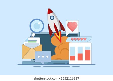 Startup business concept, new business launch, Startup business email, Social media, SEO analysis. Easy startup strategies, creative projects to start a business. Vector illustration.