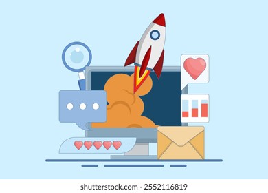 Startup business concept, new business launch, Startup business email, Social media, SEO analysis. Easy startup strategies, creative projects to start a business. Vector illustration.