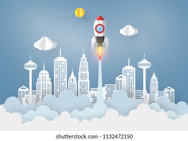 startup and Business concept with Origami made paper Rocket flying in the sky. paper art design and craft style. 