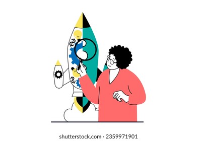 Startup business concept with people scene in flat web design. Woman launches rocket and researching new project, making improvements. Vector illustration for social media banner, marketing material.