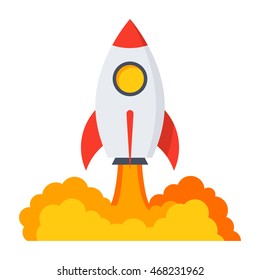 Conceito de negócios de start-up com foguete em estilo plano.