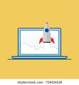 Startup business concept with rocket and laptop, vector