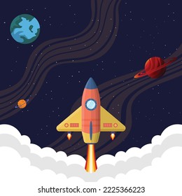 Concepto de negocio de puesta en marcha, lanzamiento de cohetes al espacio, fondo de cohete espacial plano.