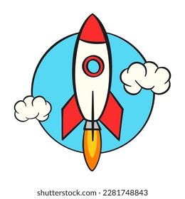 Concepto de negocio de inicio. Lanzamiento de cohetes con fondo azul y nubes. Caricatura. Ilustración vectorial. Aislado sobre fondo blanco