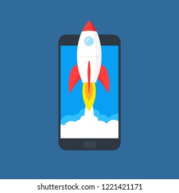 Startup business concept, rocket or rocketship launch, idea of successful business project start up,innovation strategy, boost technology, vector illustration creative background