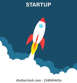 Startup business concept, rocket or rocketship launch, idea of successful business project start up,innovation strategy, boost technology, vector illustration creative background.