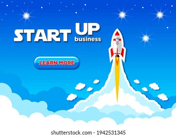Startup business concept. The rocket takes off to the stars through the clouds. Vector landing page