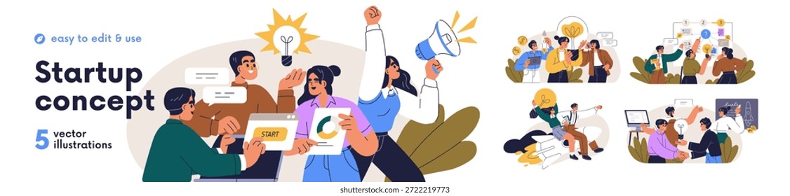 Startup, conjunto de conceptos de negocio. Lluvia de ideas creativas, estrategias de desarrollo, innovación. Planificación de Equipos de trabajo, lanzamiento de proyectos de puesta en marcha. Ilustración vectorial plana aislada sobre fondo blanco