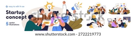 Startup, business concept set. Brainstorming creative ideas, development strategies, innovation. Work teams planning, launching start-up projects. Flat vector illustration isolated on white background