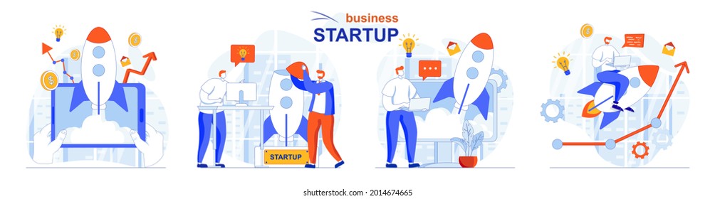 Startup business concept set. New project launch, development and innovation. People isolated scenes in flat design. Vector illustration for blogging, website, mobile app, promotional materials.