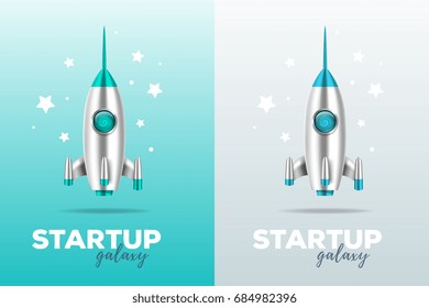 Startup business concept with shuttle. Realistic vector template with two illustration of shiny metal space rocket with text on color background. 3d design of spaceship for web, site, presentation