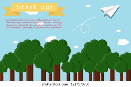 Startup business concept: There are paper airplane launch on the light blue sky with many white cloudy and there are many green trees.
